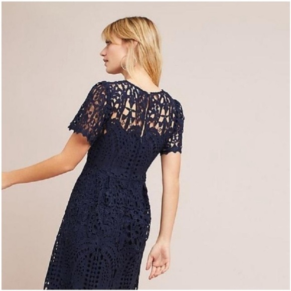 Anthropologie ERI + ALI Lattice Lace Navy Blue Fit N’ Flare Dress shortsleeve XS - Picture 3 of 16